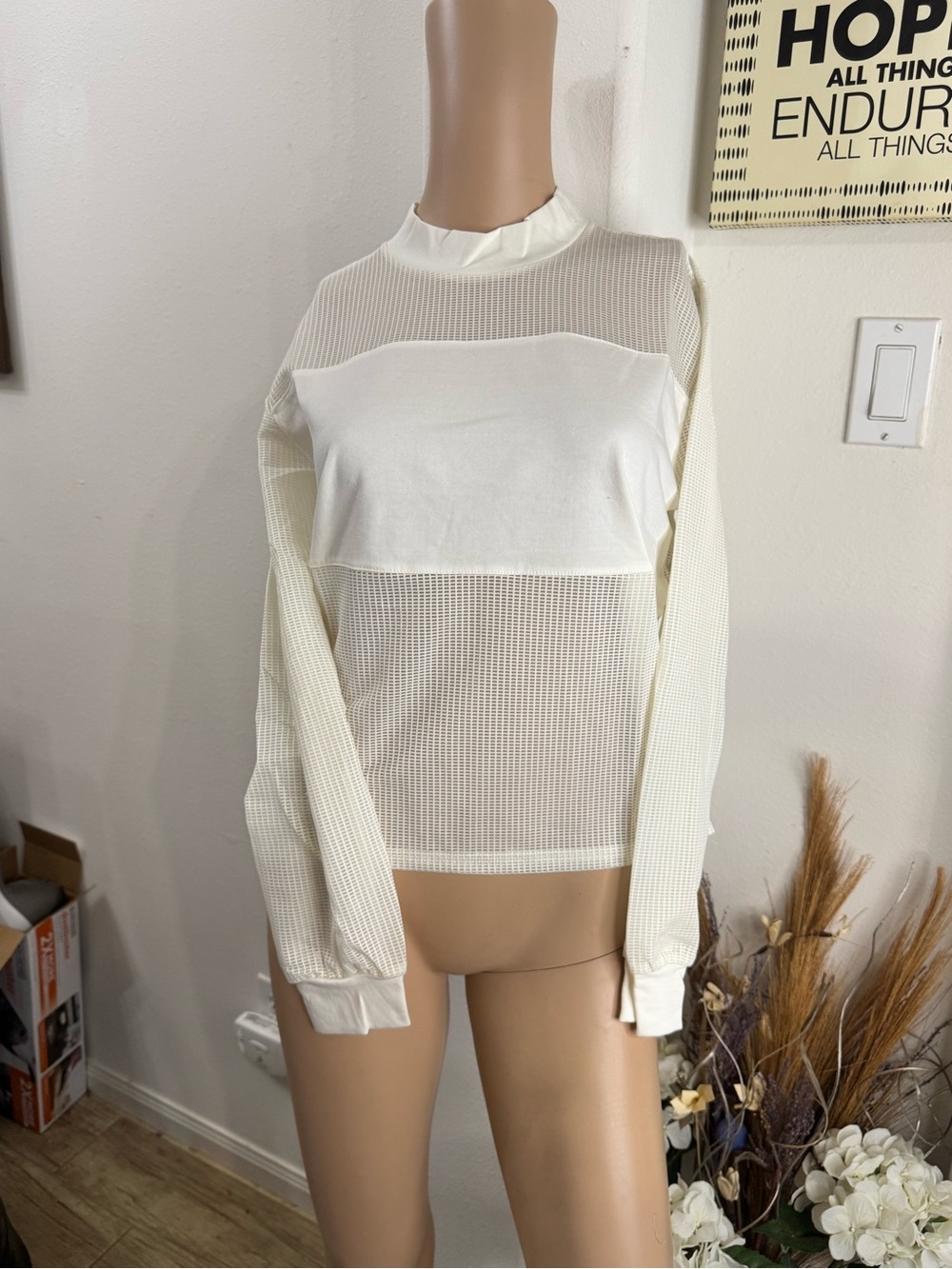 Poof! Cream Mesh Panel Long-Sleeve Top